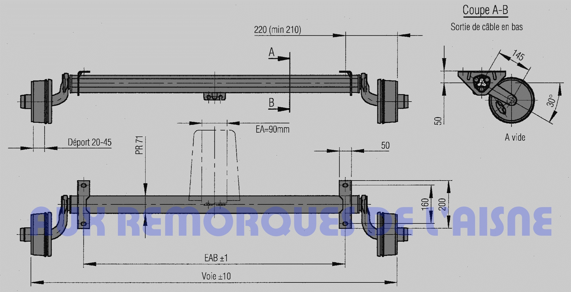 Remorque rouleaux TB0551F simple essieu freiné PTAC 750kg ASC